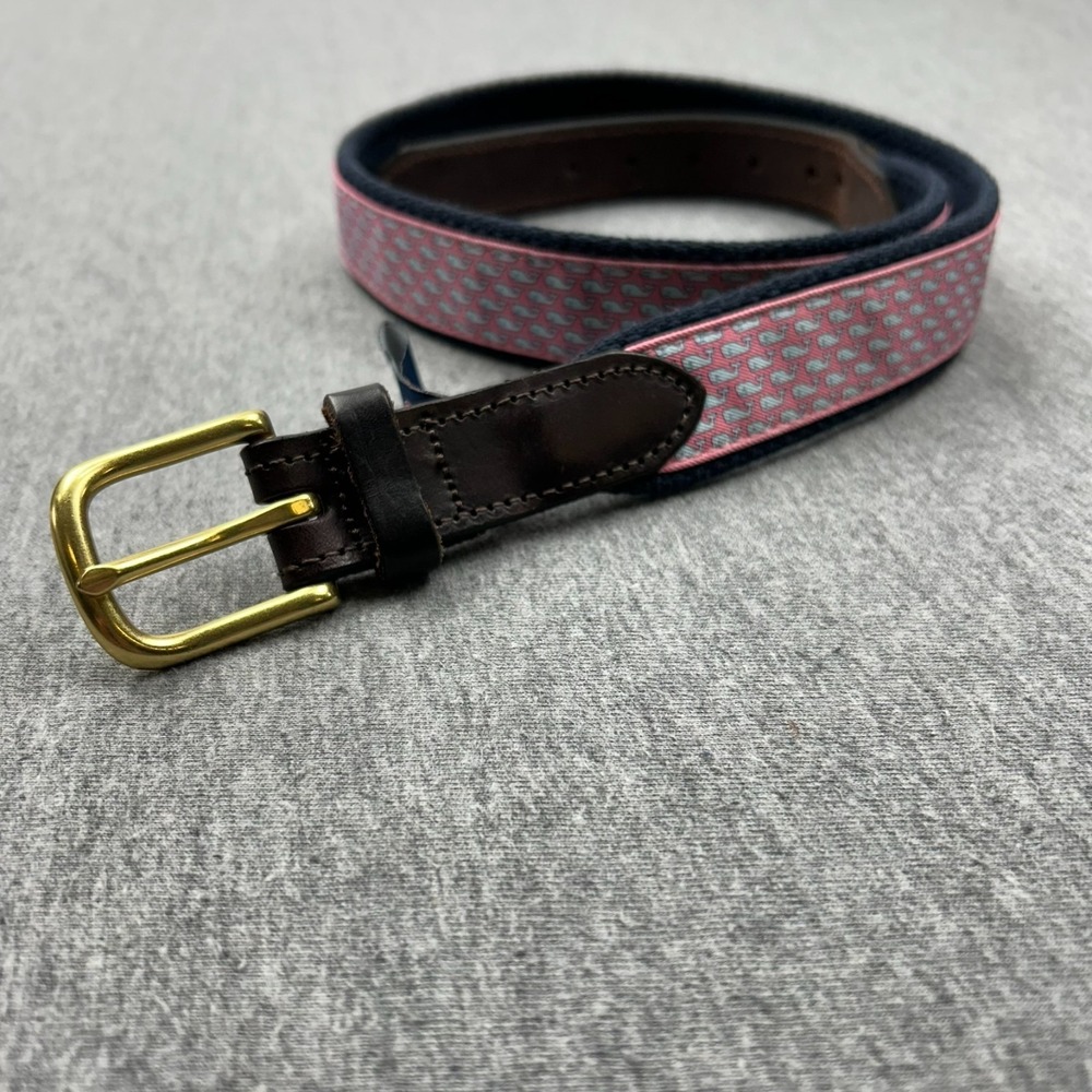 Vineyard Vines Belt Mens 30 Pink Whale Brown Leather Blue Canvas USA *READ*